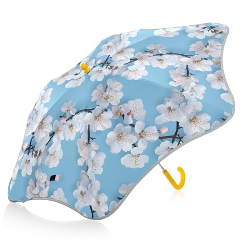 linqin Paraguas blanco en forma de flor de cerezo azul para niños pequeños, protección UV con banda reflectante, paraguas reflectante para niños con mango de gancho fácil de tomar