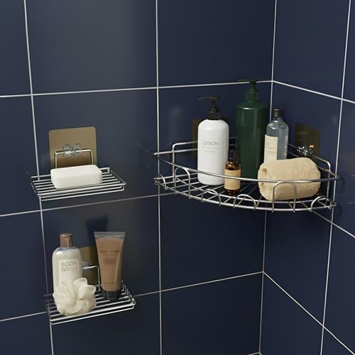 Image of No Drill Bathroom Combo 1 Round Corner Shelf & 2 Stickable SS Soap Holders with Drain Tray | Self Adhesive Wall Shelf Organizer for Kitchen & Bathroom Magic Sticker (Silver, Pack of 3)