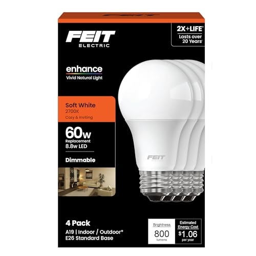 Image of Feit Electric A19 LED Light Bulbs, 60W Eq, Dimmable, Soft White 4 Pack | E26 Medium Base, 2700K, 800 lumens, enhance CRI 90+, 22 Year Lifetime, Damp Rated, for Lamps and Enclosed Fixtures