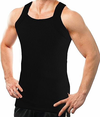 4 Packs Men's G-Unit Style Cotton Tank Tops Square Cut Muscle Rib A-Shirts (as1, Alpha, l, Regular, Regular) Black and White2