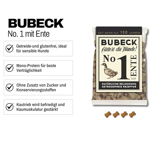 Bubeck Hundekekse Probierpaket 4-teilig – Getreidefrei & Ohne Zucker – Trainingsleckerli Set mit Ente, Fisch, Pferd & Hirsch – 4X 210g Belohnungssnacks schonend gebacken