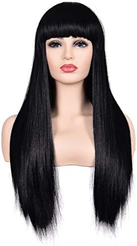 Morvally Women's 26" Long Straight Black Synthetic Resistant Hair Wigs with Bangs Natural Looking Wig for Women Halloween Cosplay
