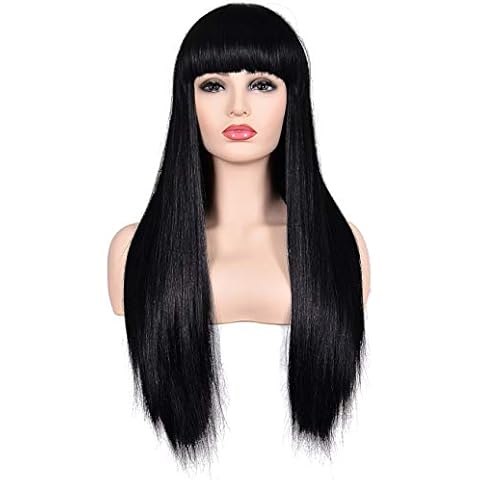 morvally Women's 26" Long Straight Black Synthetic Resistant Hair Wigs with Bangs Natural Looking Wig for Women Halloween Cosplay Cover