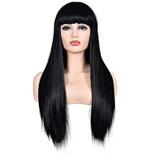morvally Womens 26" Long Straight Black Synthetic Resistant Hair Wigs with Bangs Natural Looking Wig for Women Halloween Cosplay