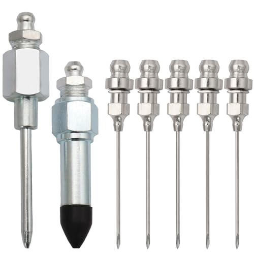 Qjaiune 7PCS Grease Gun Needle Accessory Kit Including 5 Nozzles + 1 Dispenser + 1 Rubber Nipple Adapter Grease Injector Needle Tip Fitting Coupler for Narrow Tight & Deep Spaces