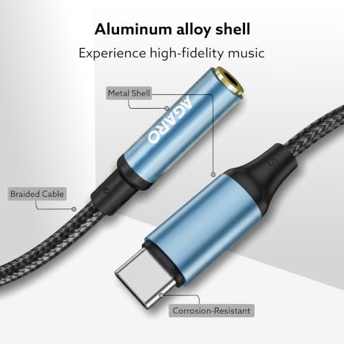 Image of AGARO Type-C to 3.5mm Aux Female Converter with Built-in DAC, Hi-Res Durable Audio Adapter, Supports Mic & Calls, Compatible with iPhone 15 & above, Mobile, Laptops, Plug & Play USB-C to AUX Adapter