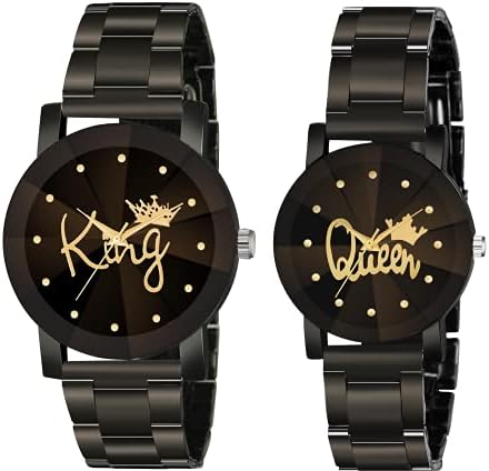 CERO Pack of 2 King Queen Black Metal Strap Couple Analogue Men's & Women's Watch