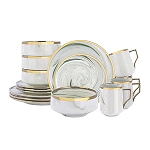Fine China Artisan Marbled 16pc Dinner Set, Green with Gold
