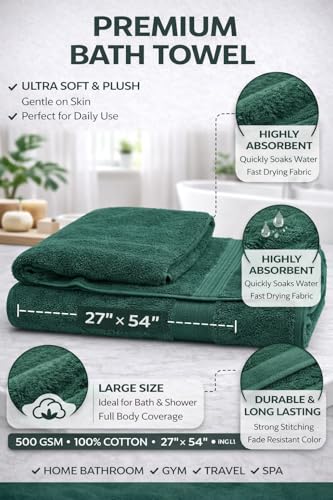 Image of Towels for Bath | Towels for Bath Large Size Bath Towel - Soft & Absorbent | 600 GSM | 1 Piece Bath Towel for Men /Women | 70 cms x 140 cms - Bottle Green