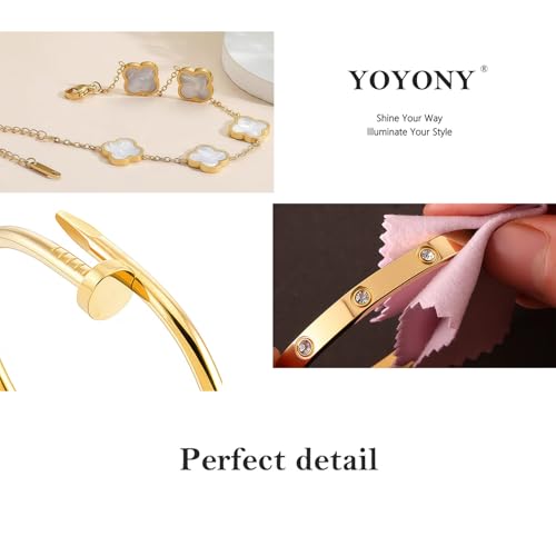 YOYONY Stackable Bracelets 3 pcs 18K Gold Nail Bracelet,Oval Love Cuff Bracelet,Four Leaf Clover Chain Bracelet,Stainless Steel,7 Inch,Open Buckle Style,Gift For Women.4