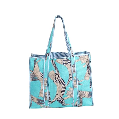 Image of Cotton Tiger Block Print Tote Bag, Indian Handmade Shopping Shoulder Bag, Unisex Market Daily Use