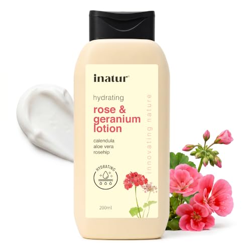 Image of inatur Rose & Geranium Lotion - Natural Lightweight Moisturizing Lotion | For Dry Skin | Suitable for All Skin Types | For Body & Face | 200ml