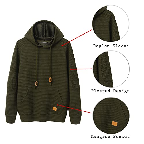 COOFANDY Men's Hoodies Pullover Pleated Long Sleeve Drawstring Knit Hooded Sweatshirt with Kanga Pocket, Army Green, Large