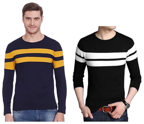 Image of EYEBOGLER Round Neck Full Sleeve Striped T Regular Fit Shirt for Men (Pack of 2)