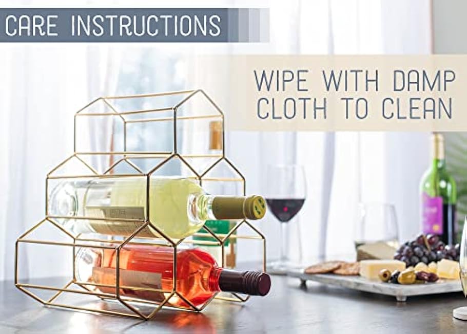 NAT & Jules Honeycomb Gold Tone Iron Metal Tabletop Wine Rack - Perfect for Kitchen Countertop, Pantry or Cabinets Display or Storage - Hold 6 Bottles, Gold Tone