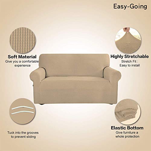 Image of Easy-Going Stretch Loveseat Slipcover 1-Piece Sofa Cover Furniture Protector Couch Soft with Elastic Bottom for Kids Polyester Spandex Jacquard Fabric Small Checks (Loveseat, Sand)