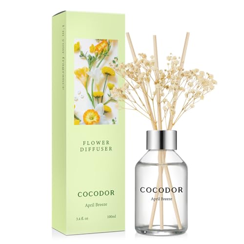 Image of COCODOR Flower Reed Diffuser Set / 3.4oz / April Breeze /Scent Diffuser with Sticks Home Fragrance Reed Diffuser for Bathroom Shelf Decor
