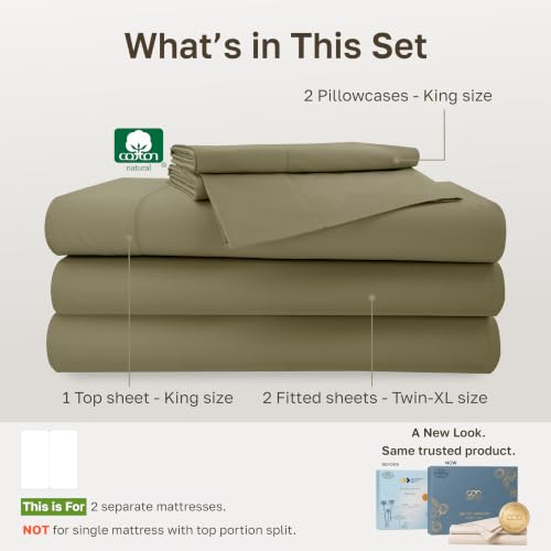 Image of California Design Den 100% Cotton Sateen Split King Sheets Set, 5 Pcs | 500 Thread Count with Good Housekeeping Seal, Split King Sheets Sets for Adjustable Bed with 2 Separate Twin-XL Mattresses