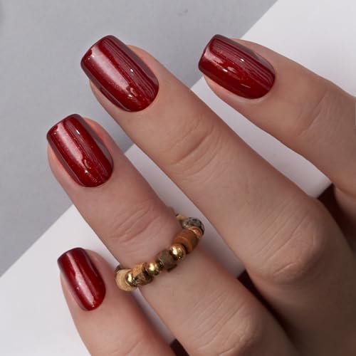 CurvLife Short Square Glitter Press On Nails, Wine Mirror Red, Soft Gel
