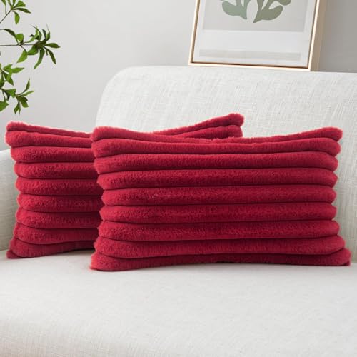 Image of MIULEE Faux Fur Decorative Throw Pillow Covers 12x20 Set of 2 Burgundy