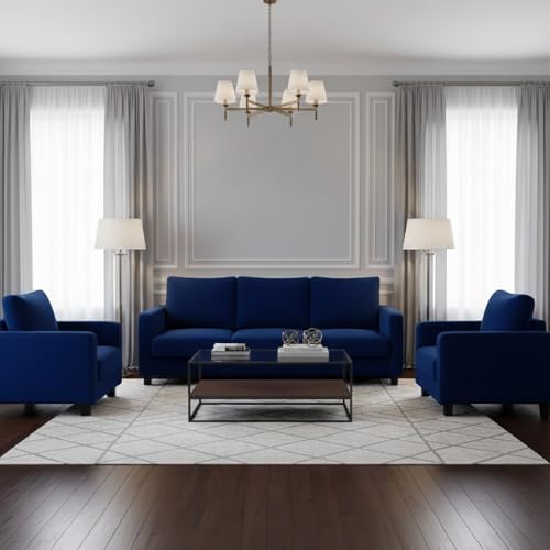 Image of FURNY Haster 5 Seater Premium Velvet Fabric 3+1+1 Sofa Set (Dark Blue) Durable & Comfortable Ideal for Living Room