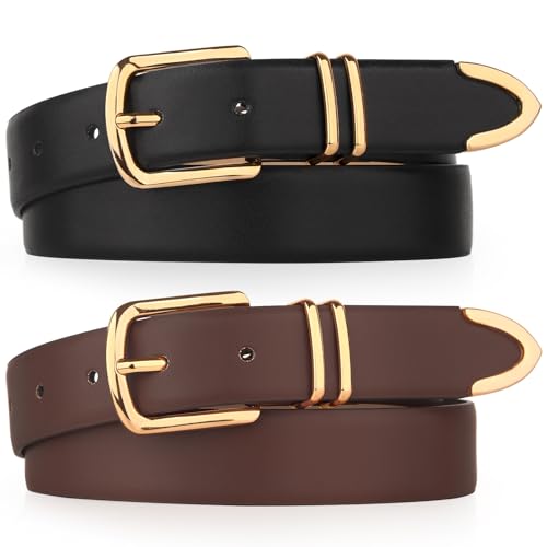 Monoluxe Pack 2 Women Belts for Ladies Jeans Pants with Fashion Faux Leather Gold Buckle