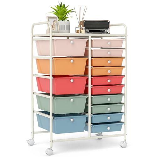 MAT EXPERT 15-Drawer Rolling Storage Cart, Mobile Utility Cart on Wheels, Removable & 2-Sized Storage Drawers for Home, Study, Office, School,Paper Organizer (Macaron)