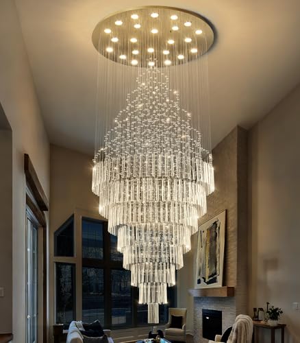 HAIXIANG W47 x H120 Crystal LED Chandelier with Light Bulbs Luxury Raindrop High Ceiling Chandeliers for Entryway Villa Staircase Foyer Living Room Lighting Fixtures Gold