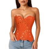 LEACOOLKEY Corsage corset en dentelle florale transparente avec lacets pour femme Top Halloween, orange., S