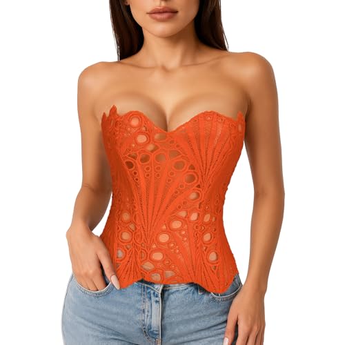 LEACOOLKEY Lacework Corset Top for Women Sexy Textured Sheer Floral Lace Bustier Cincher Lace-up Corset Overbust Top