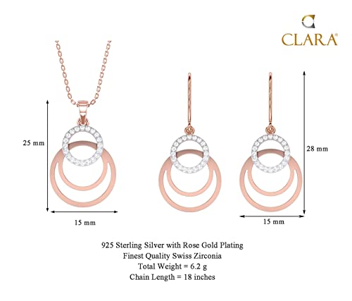Image of Clara 925 Sterling Silver Irina Pendant Earring Chain Jewellery Set | Rose Gold Rhodium Plated, Swiss Zirconia | Gift for Women & Girls