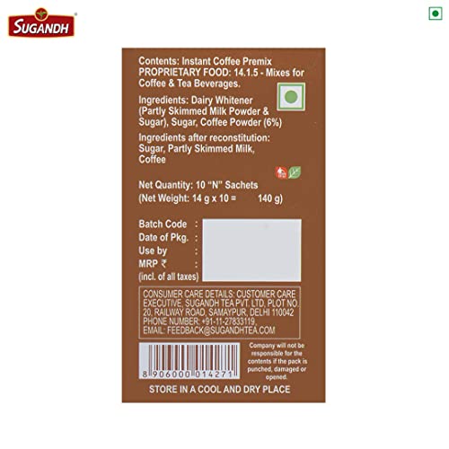 Image of Sugandh Quik Sip Instant Coffee Premix (Pack of 2) - Single Serve Sachets - Unit Count: 2 Boxes of 10 Sachets each, Medium Roast