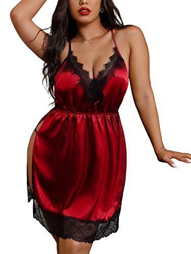 Image of Women Plus Size Lace Babydoll Lingerie Side Slit Strappy Chemise Sleepwear