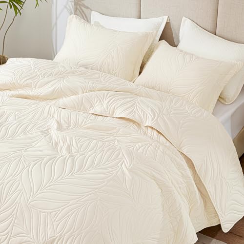 EXQ Home Quilt Set Twin Size Beige 2 Piece,Lightweight Soft Coverlet Modern Style Leaf Pattern Bedspread Set(1 Quilt,1 Pillow Sham)