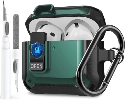 Image of Olytop for Airpods 4 Case with Lock Clid, Rugged Apple Airpods 4th Generation Cover 2024 Men Women, Armor Shockproof iPod 4 Gen Protective Hard Shell with Carabiner&Cleaner kit,Black /Green