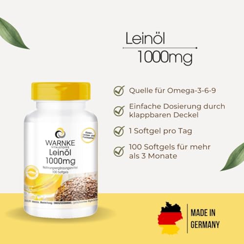 Leinöl Kapseln - 100 Softgels - Pflanzliches Omega 3-6-9 - hochdosiert - Flaxseed Oil 1000mg | Warnke Vitalstoffe - Deutsche Apothekenqualität