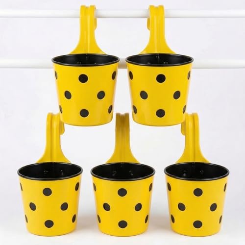 Image of Premium Hook Planter with Inner Pot | Polka Dot Hanging Planter for Balcony & Railings | Sturdy Plastic | Built-in Drainage | Vibrant Colours | Indoor & Outdoor Gardening (5, Yellow)