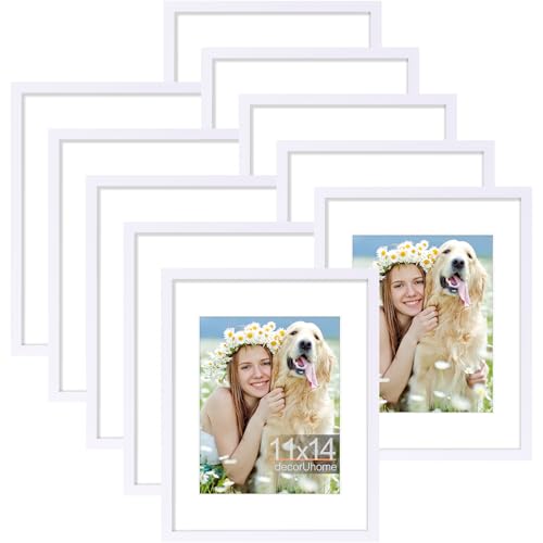 decorUhome 11x14 Picture Frame Set of 10, Display Photos 8x10 with Mat or 11x14 Unmatted for Picture Frames Collage Wall Decor, White