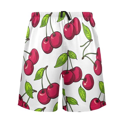 Cherries Leaves White Pajama Shorts for Men Lounge Pants Sleep Lounge Short Men's Separate Bottoms with Pockets, S-XXL
