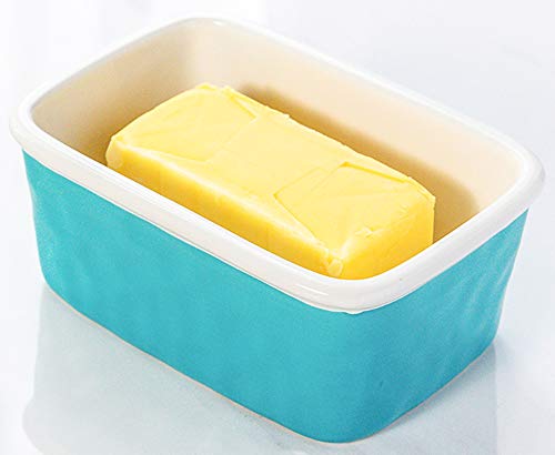 Krokori Large Butter Dish, Stoneware Ceramic Butter Dish Butter Container Margarine Dish Covered Butter Keeper with Wooden Lid Food Storage Box for Daily Use (5.5x3.6x2.6 inches, Aquamarine)