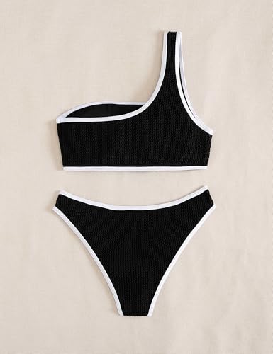Image of YIMISAN Women's Ribbed Bikini Sets One Shoulder Top with Mid Waist Two Piece Bathing Suit