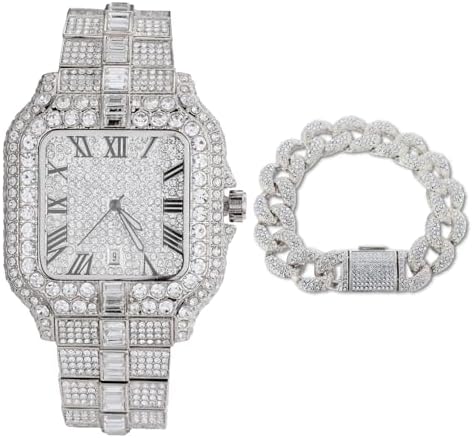 Halukakah Watch for Men - Moissanite Diamond Iced Out - Luxury Platinum Plated,Japanese Quartz,41MM Square Dial with Calendar,Heavy-Made - 8.5" Length,with Cuban Link Chain 8" - Includes Giftbox