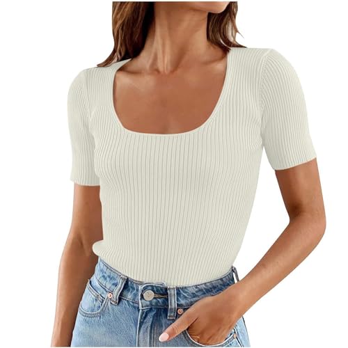 T-shirt da donna a maniche corte, scollo quadrato, 2024, estive, taglio stretto, maglia a coste, maglietta casual basic, maglia a rete, bianco, L