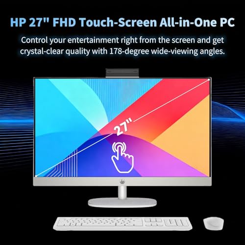 Image of HP 27 inch FHD Touchscreen All-in-One Desktop, Intel 12 Core Ultra 7 255U, 64GB RAM 1TB SSD, 9H DVD & Wireless Keyboard & Mouse, Bluetooth, HDMI, Wi-Fi 6, Windows 11 Home, White