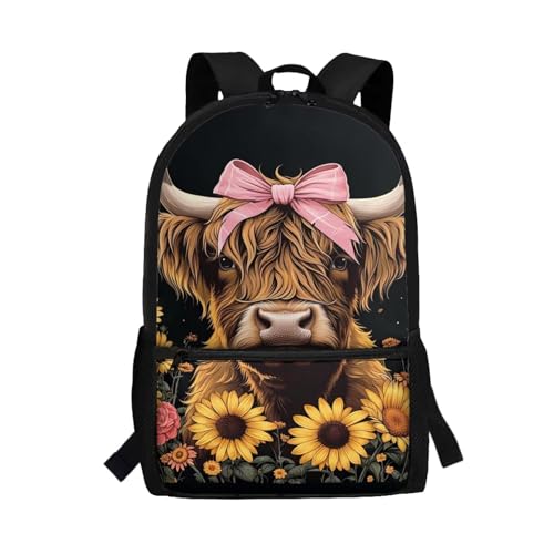 Guosanchn Highland Cow School Backpack Black Bookbag for Elementary School Boy Girls 17 inch School Bag Elementary Preschool Bag Packs Back to School Supplies Back Packs Heavy Duty Daypack