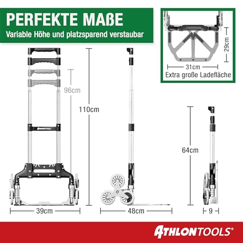 ATHLON TOOLS Aluminium Treppensteiger-Sackkarre klappbar TÜV geprüft – extra Langer Griff 110 cm, Ladefläche mit Anti-Rutsch-Pads