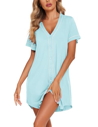 Image of Ekouaer Womens Nightgown Button Down Sleep Shirts Short Sleeve Nightshirt V-Neck Sleepdress Soft Sleepwer