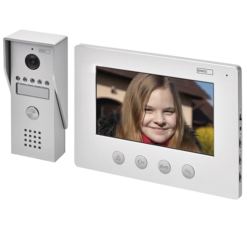 EMOS H2050   Videoportero con cámara Impermeable con visión Nocturna, Monitor con Pantalla LCD a Color de 7 Pulgadas, fácil instalación de 2 Cables, Color Blanco y Plateado