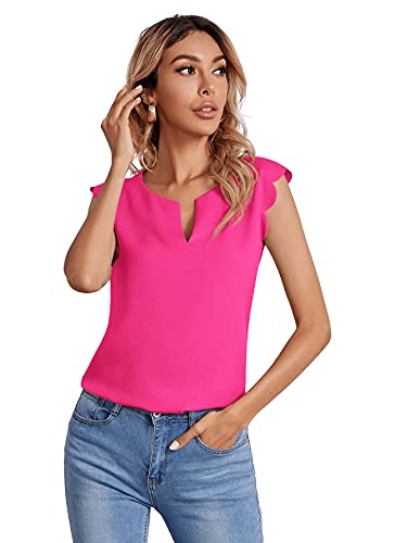 Shein Women's Sleeveless Notched Neck Shirt Scallop Trim Solid Blouse Tops Hot Pink Xl #TOP8