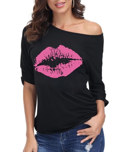 ELFIN Damen T-Shirt 80er Jahre Party-Shirts Sexy Lippen Drucken One-Shoulder-Shirt Kurzarm Sommer Oberteil Casual Bluse Tops Schwarz-Rot Lippen L